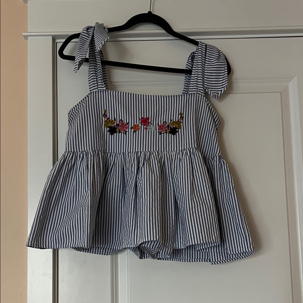 Zara Striped Tie Tank with Floral Embroidery